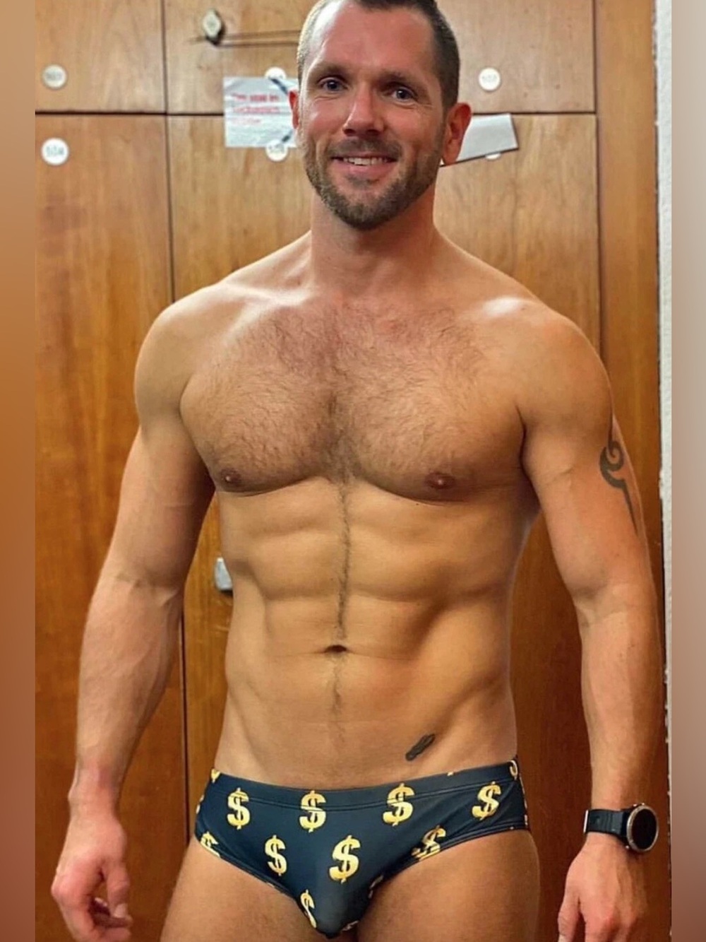 JJ Malibu BIG BUCKS Swim Brief Pass the Buck Dollar Sign Pattern Black Gold M